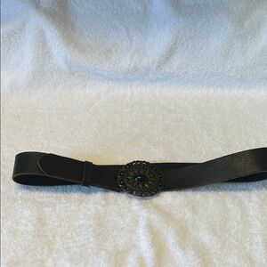 Elegant Black Leather Belt with Ornate Buckle